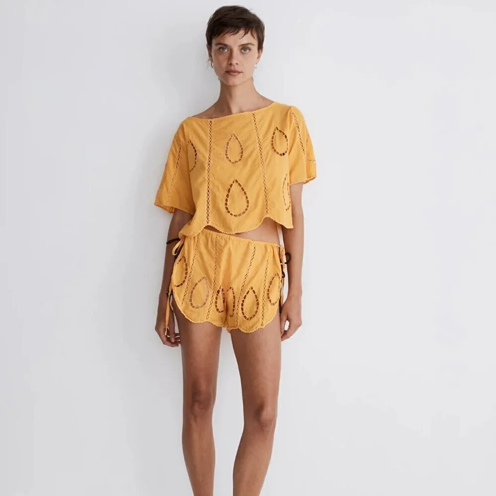 New Agua Bendita Bree Eames Embroidery Yellow Cover-Up Cut Shorts NWT